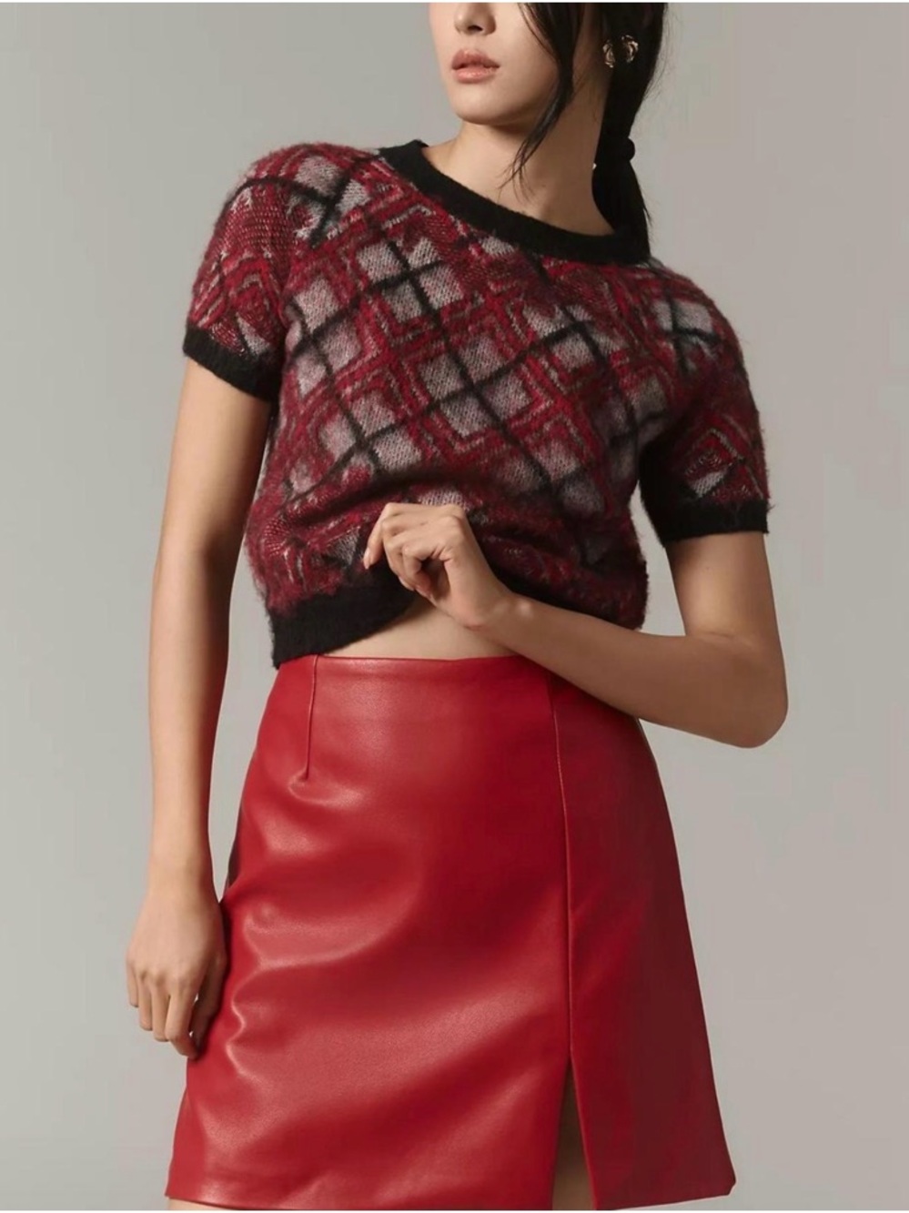 Pilcro Anthropologie Fuzzy Argyle Crop Sweater NWT S